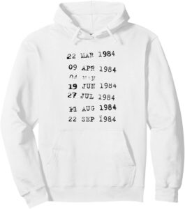 White pullover hoodie printed with a retro stamped library card